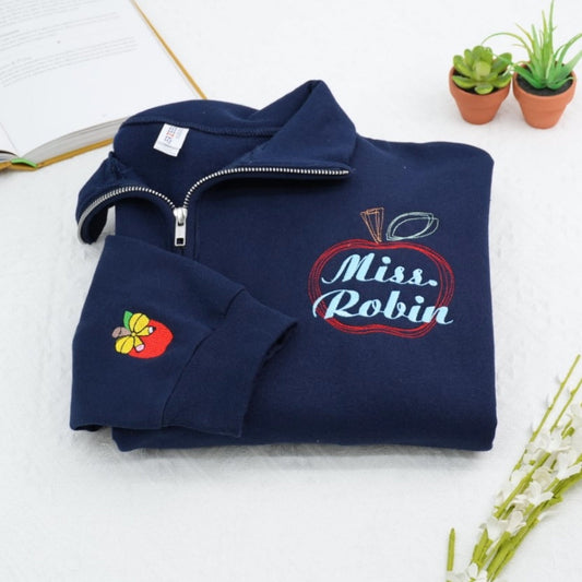Custom Teacher Quarter Zip - Personalized Apple Embroidered Sweatshirt - Perfect Teacher Gift