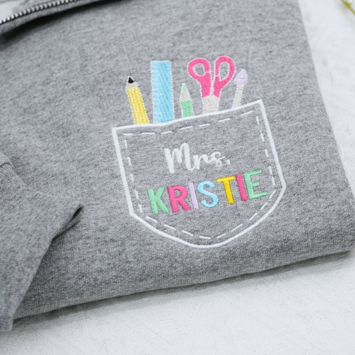 Custom Teacher Quarter Zip - Personalized School Supply Pocket Embroidered Sweatshirt - Perfect Teacher Gift