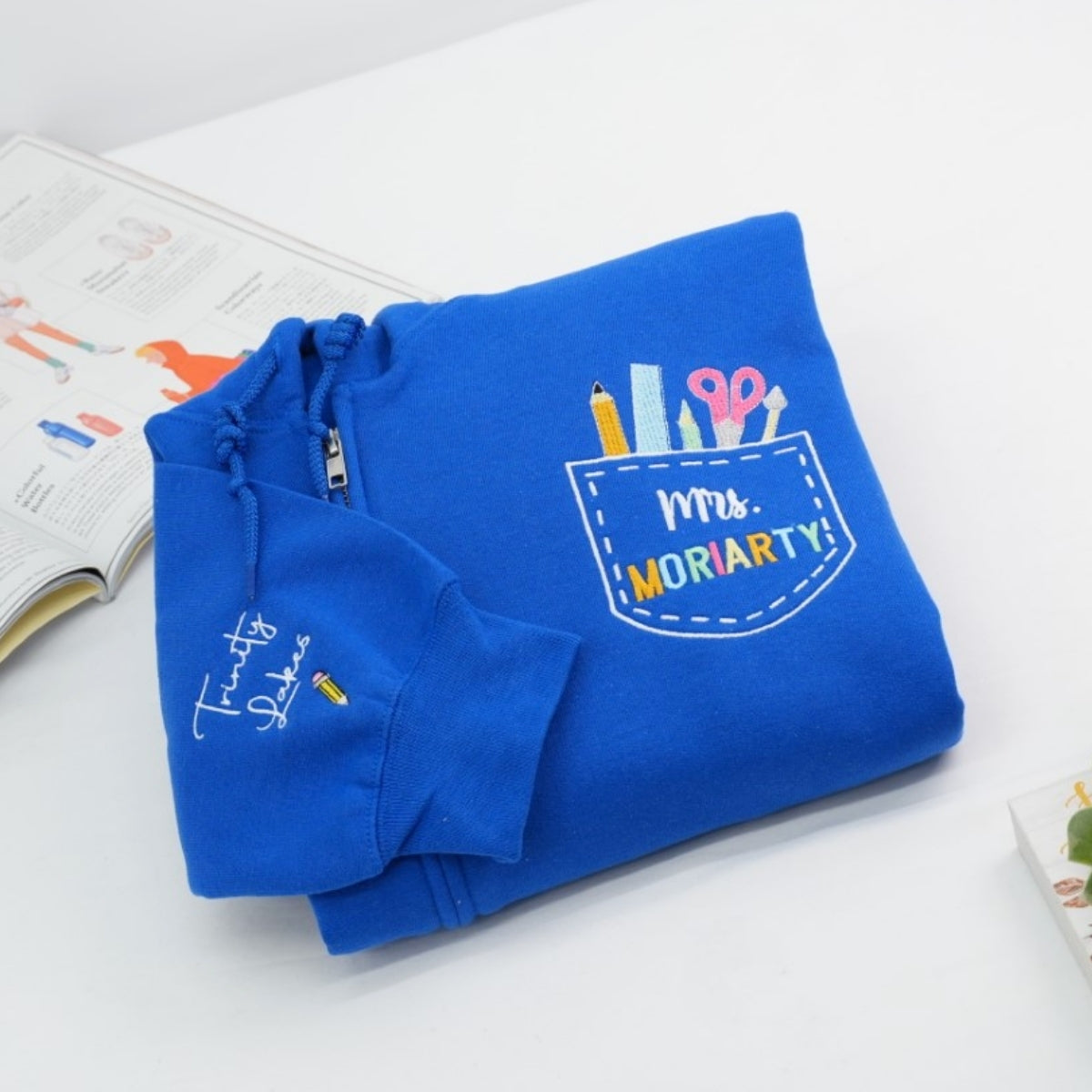 Custom Teacher Quarter Zip - Personalized School Supply Pocket Embroidered Sweatshirt - Perfect Teacher Gift