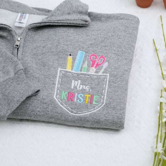 Custom Teacher Quarter Zip - Personalized School Supply Pocket Embroidered Sweatshirt - Perfect Teacher Gift