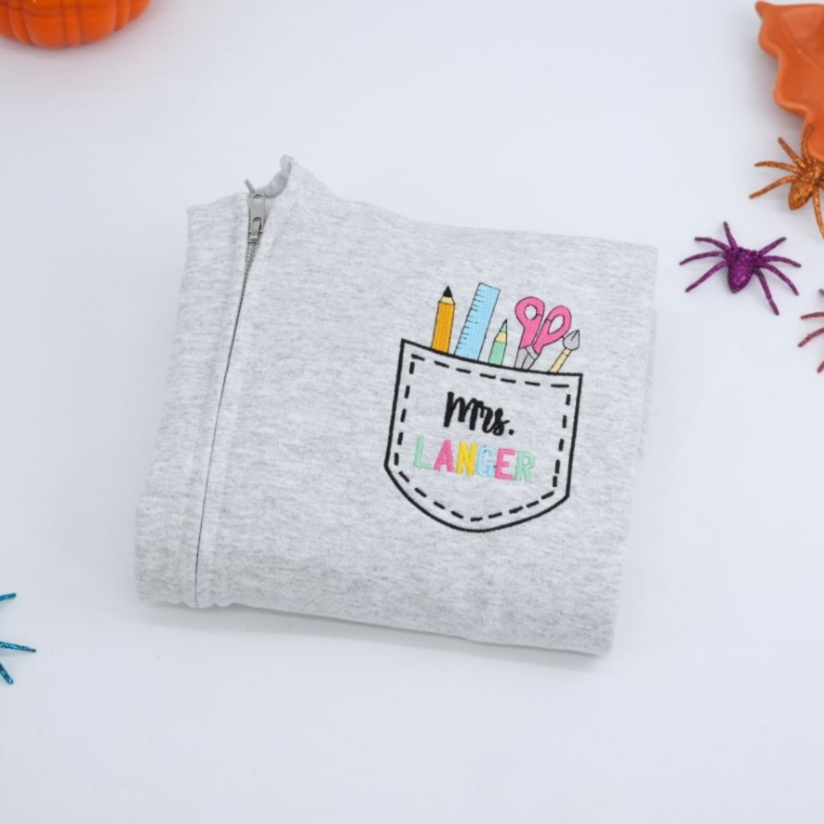 Custom Teacher Quarter Zip - Personalized School Supply Pocket Embroidered Sweatshirt - Perfect Teacher Gift