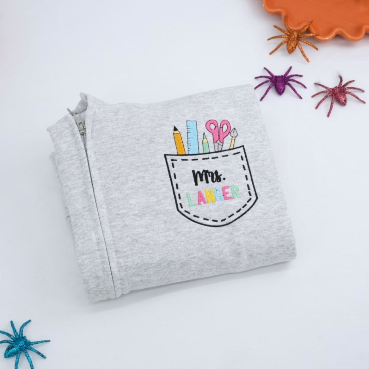 Custom Teacher Quarter Zip - Personalized School Supply Pocket Embroidered Sweatshirt - Perfect Teacher Gift