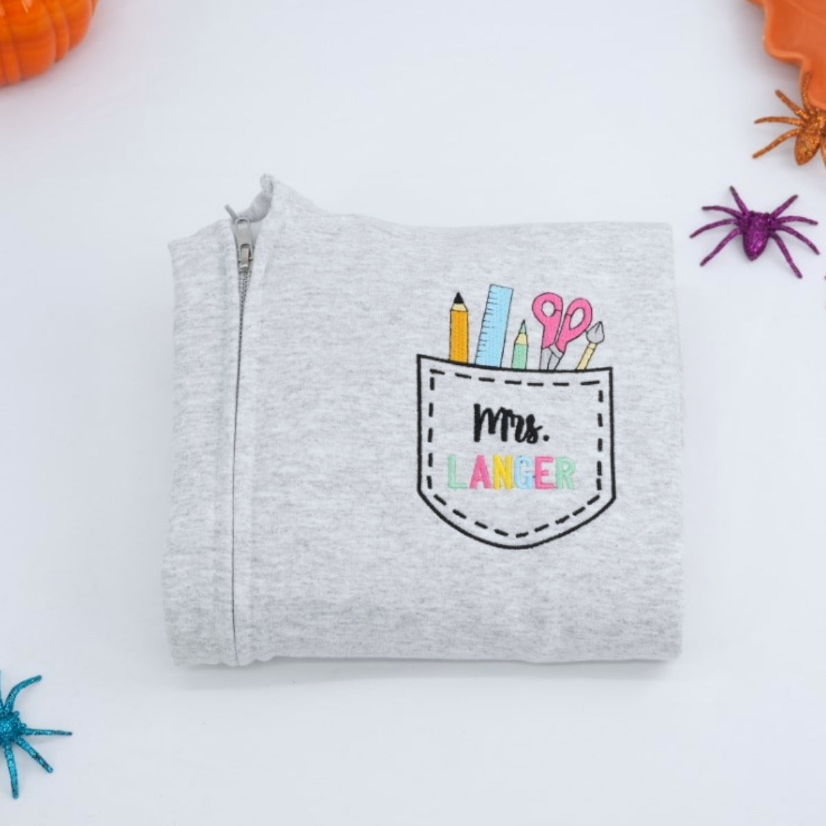 Custom Teacher Quarter Zip - Personalized School Supply Pocket Embroidered Sweatshirt - Perfect Teacher Gift