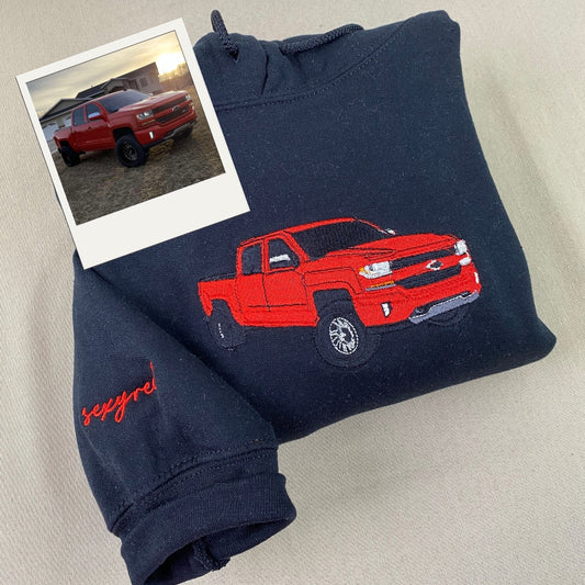 Custom Truck Hoodies Personalized - Photo Embroidered Pickup Truck Sweatshirts - Perfect Truck Guy Gift