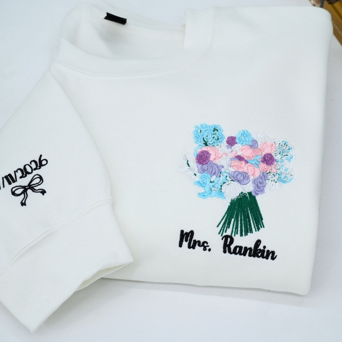 Custom Wedding Bouquet Sweatshirt - Personalized Bride Embroidered Crewneck - Bridal Keepsake Gift