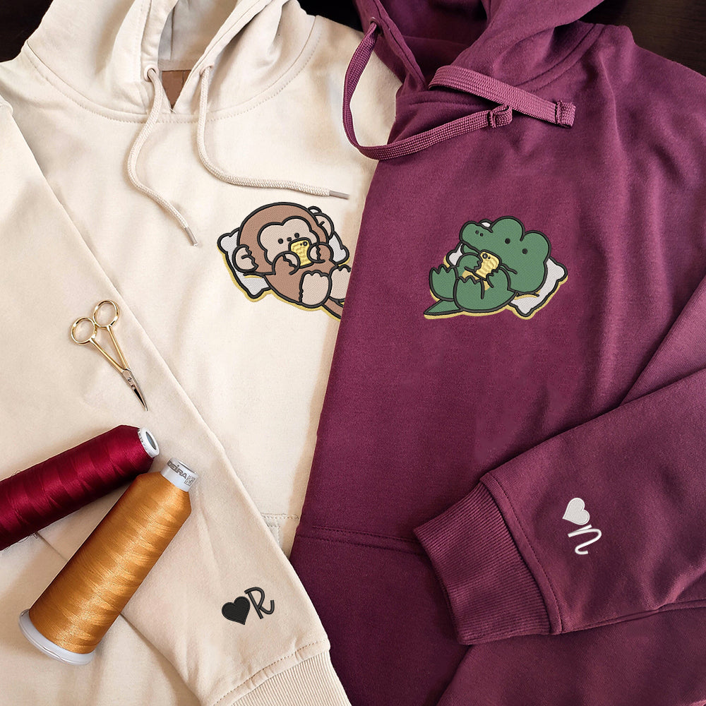 Cute Crocodile x Monkey Custom Embroidered Matching Hoodies For Couples