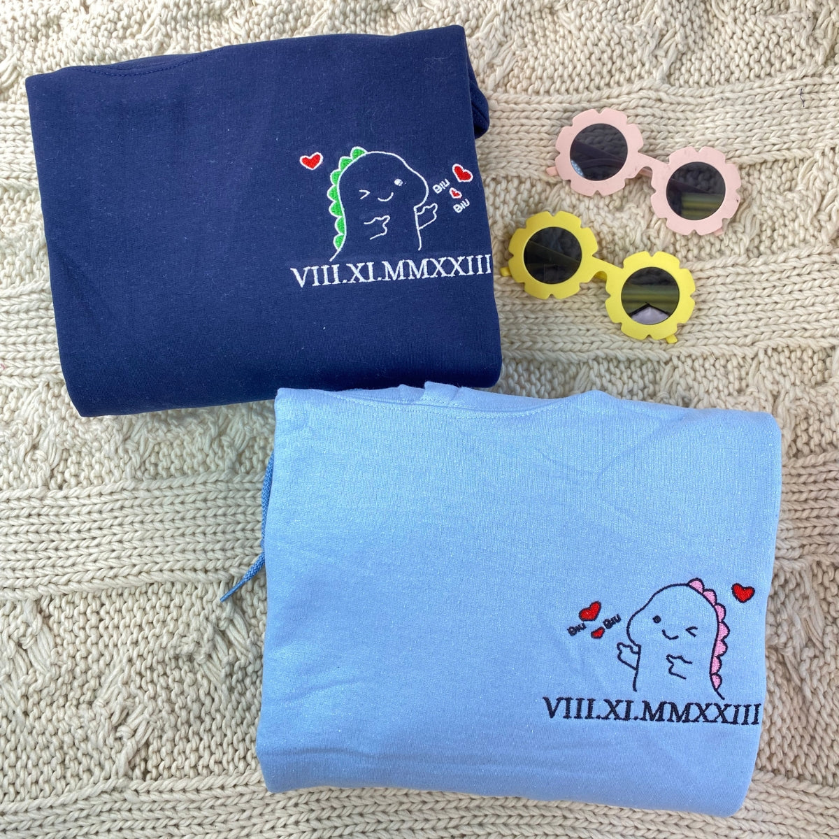 Cute Dino Couple Custom Roman Numeral Matching Embroidered Hoodies For Couples