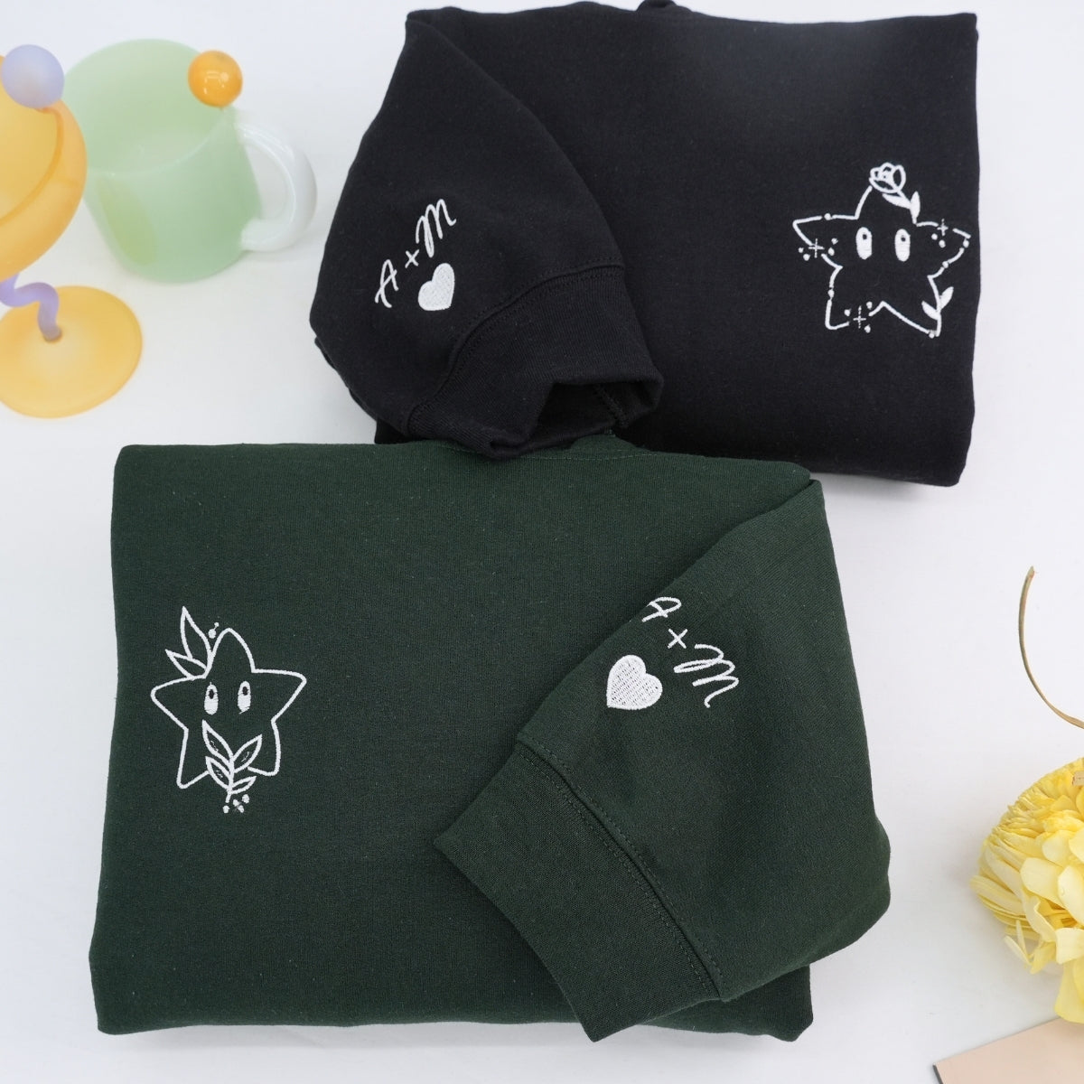 Cute Stars Cartoon Custom Embroidered Matching Hoodies For Couples