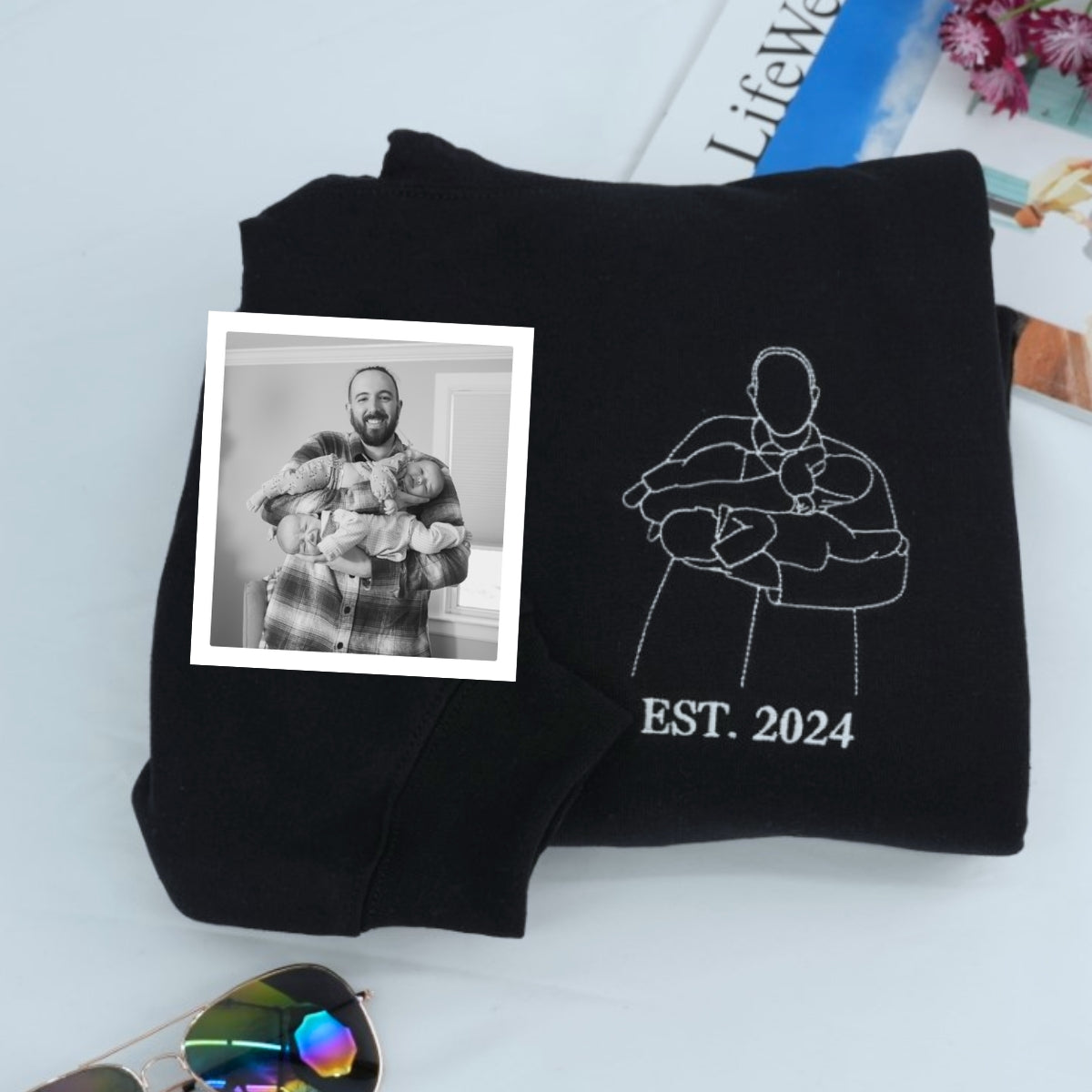 Daddy Custom Hoodies - Father Child Line Art Embroidered Sweatshirts - Perfect Artistic Dad Gift