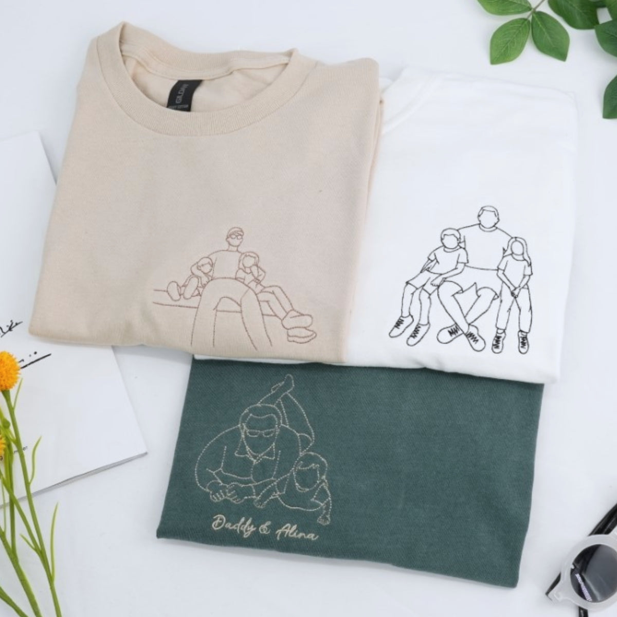 Daddy Custom Hoodies - Father Child Line Art Embroidered Sweatshirts - Perfect Artistic Dad Gift