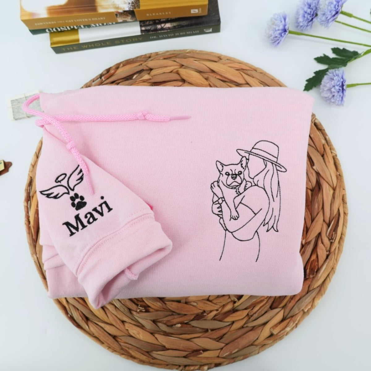 Dog Mom Line Art Hoodies - Custom Pet Portrait Embroidered Sweatshirts - Artistic Dog Face Gift