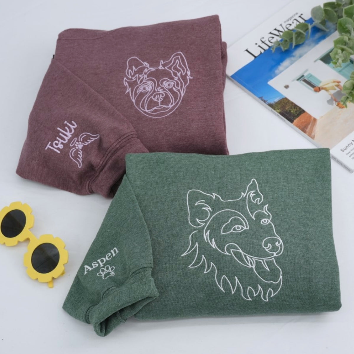 Dog Mom Line Art Hoodies - Custom Pet Portrait Embroidered Sweatshirts - Artistic Dog Face Gift