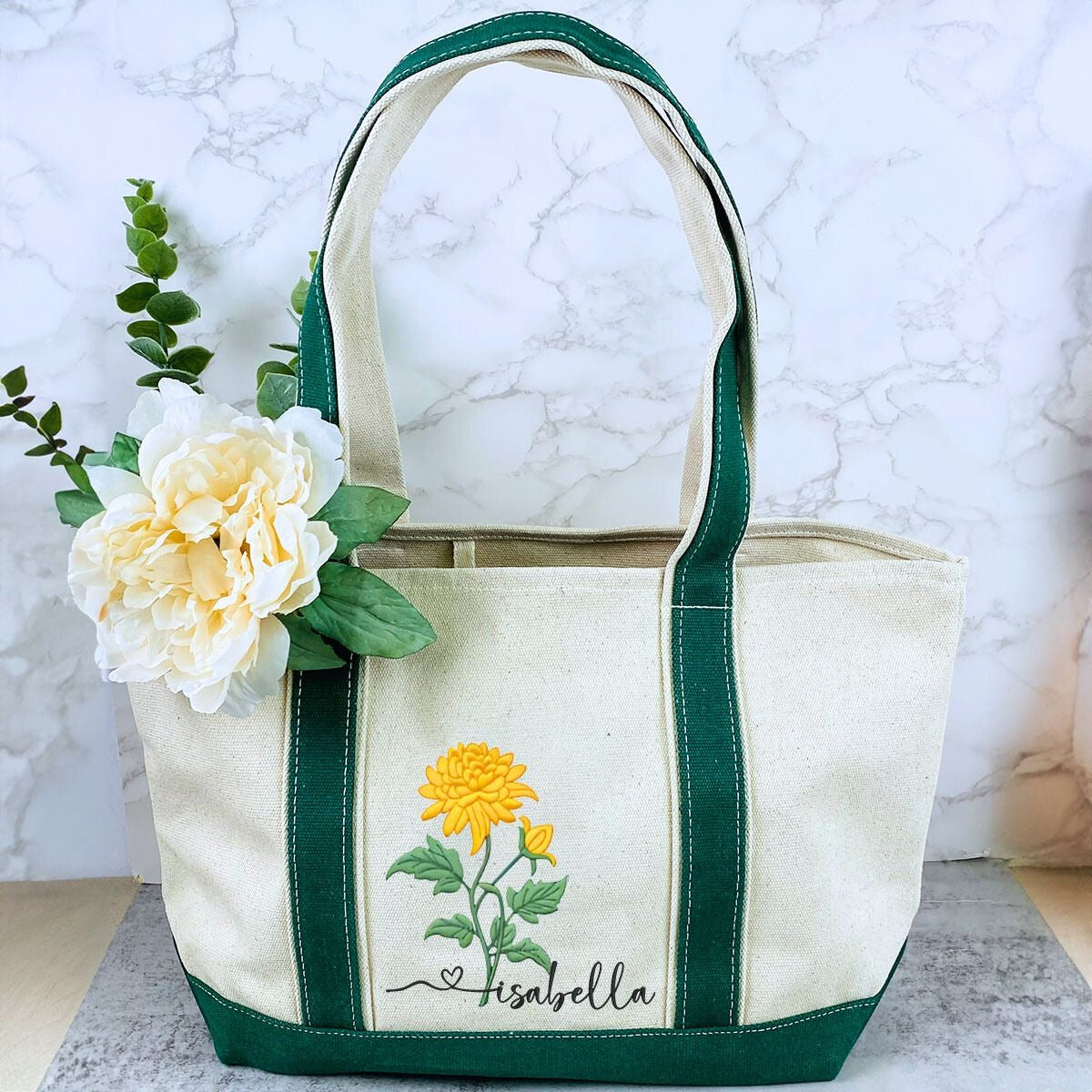 Custom Embroidered Birth Month Flower Tote Bag, Birthday Gift for Her