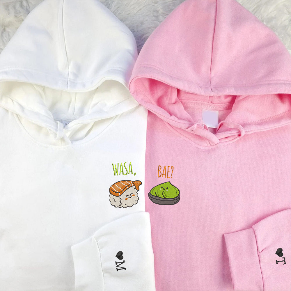 Funny Wasa-Bae Matching Custom Embroidered Matching Hoodies For Couples