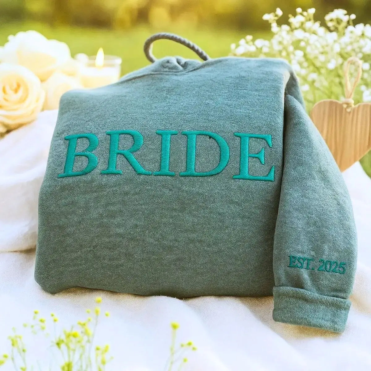 Personalized Unique Bridal Shower Gift for Granddaughter with Bride Sweatshirt Embroidered, Text Heart on Sleeve