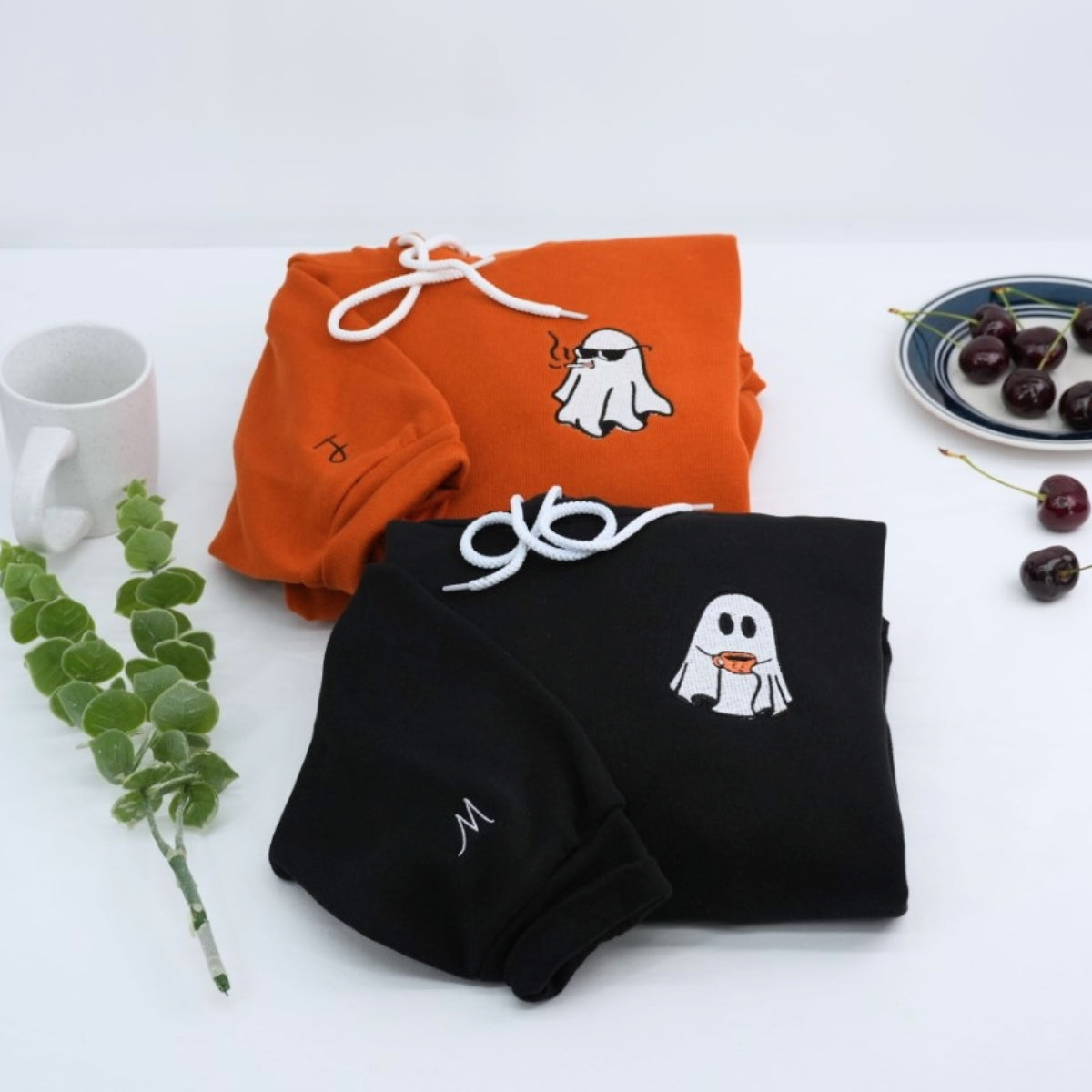 Halloween Ghost Couple Hoodies - Cute Matching Embroidered Sweatshirts - Perfect Spooky Season Gift
