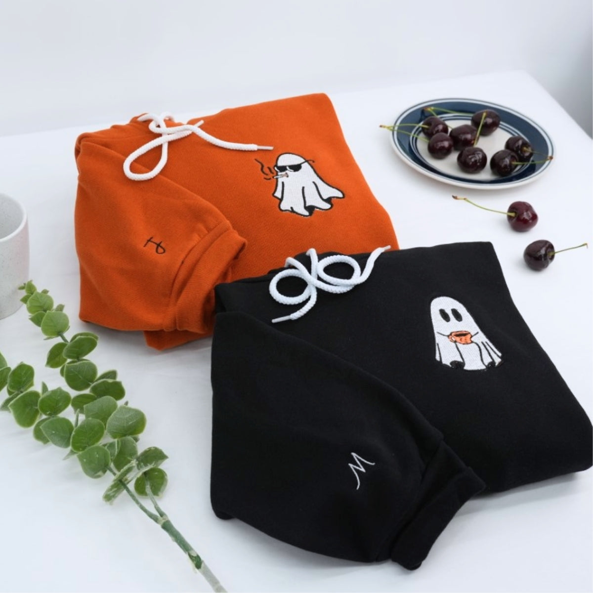 Halloween Ghost Couple Hoodies - Cute Matching Embroidered Sweatshirts - Perfect Spooky Season Gift