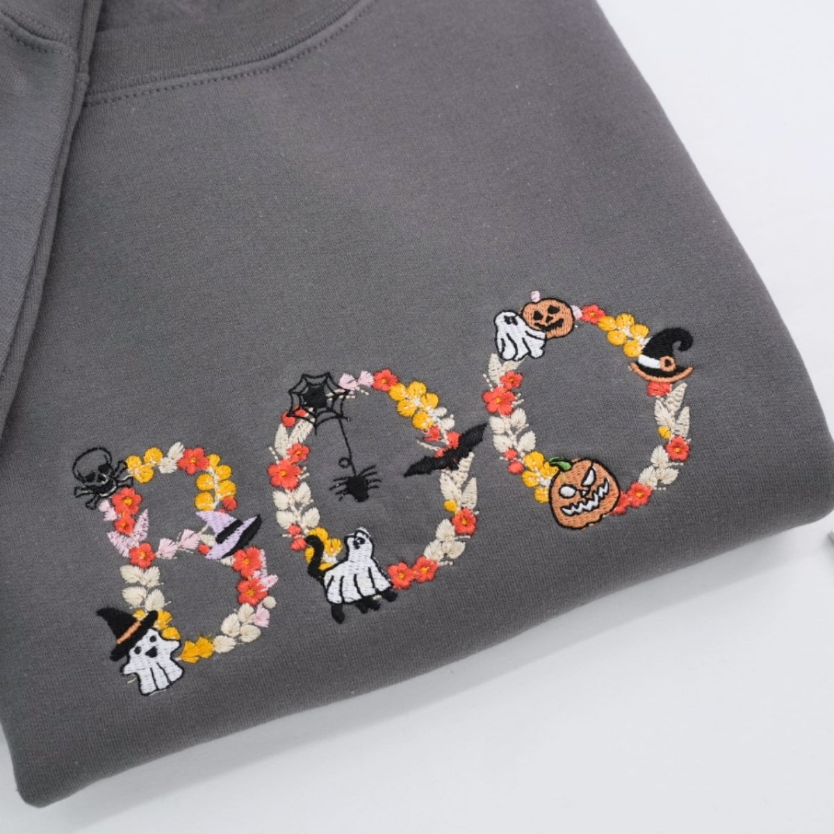 Halloween BOO Custom Sweatshirts - Floral Letter Embroidered Design - Elegant Halloween Apparel