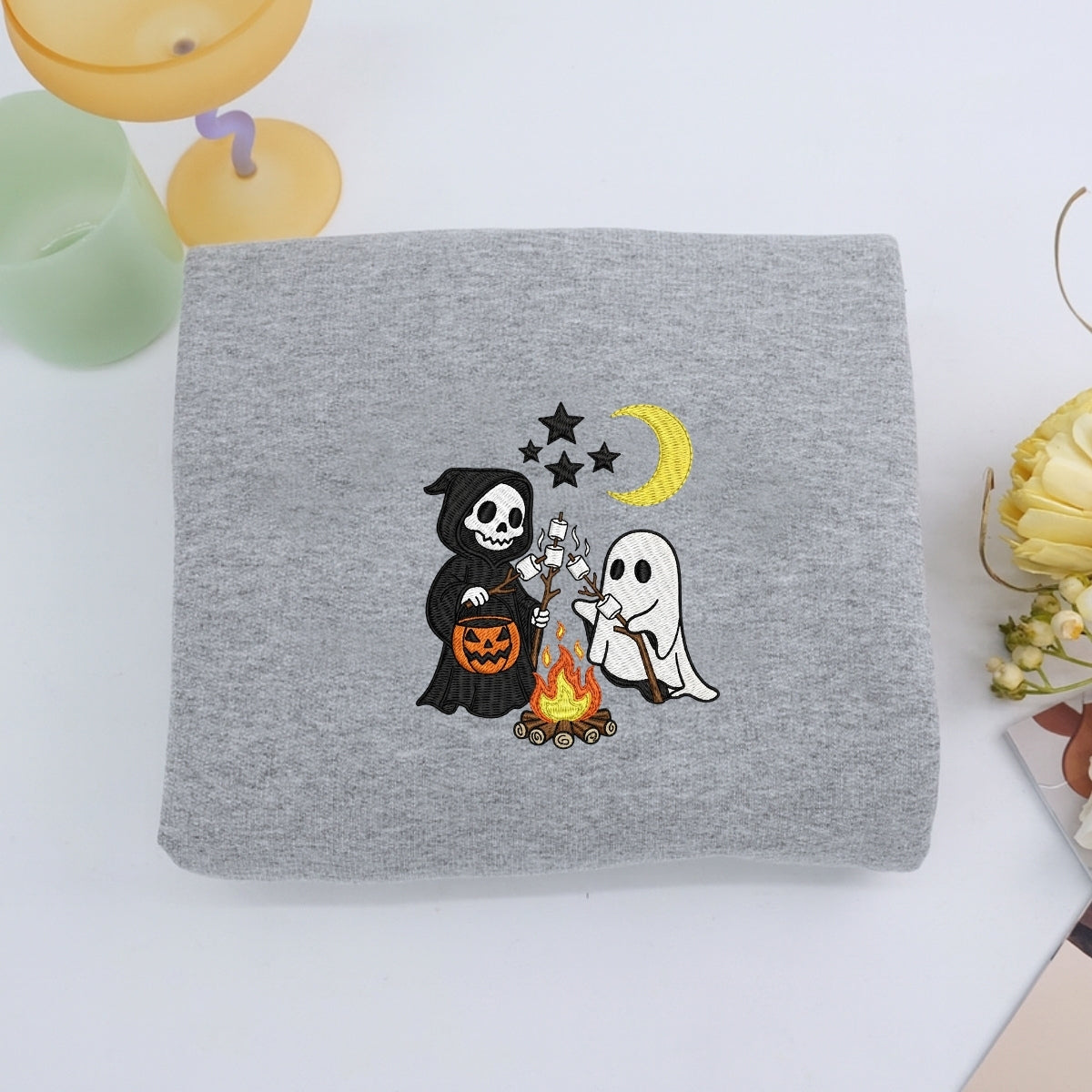Halloween Campfire Custom Sweatshirts - Spooky Friends Embroidered Apparel - Perfect Halloween Gift