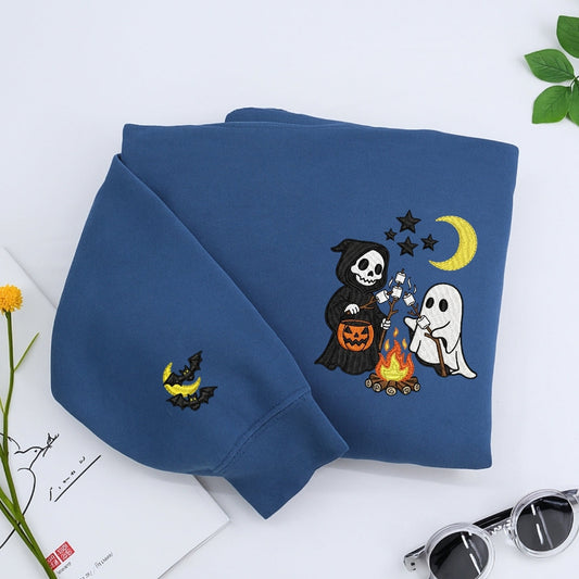 Halloween Campfire Custom Sweatshirts - Spooky Friends Embroidered Apparel - Perfect Halloween Gift