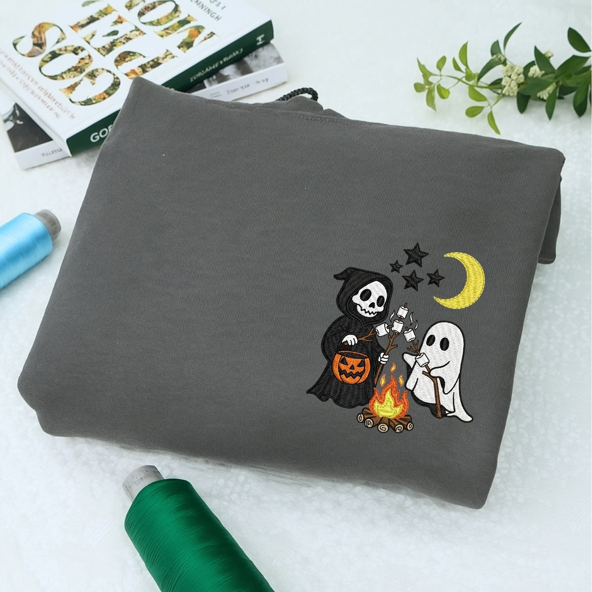 Halloween Campfire Custom Sweatshirts - Spooky Friends Embroidered Apparel - Perfect Halloween Gift