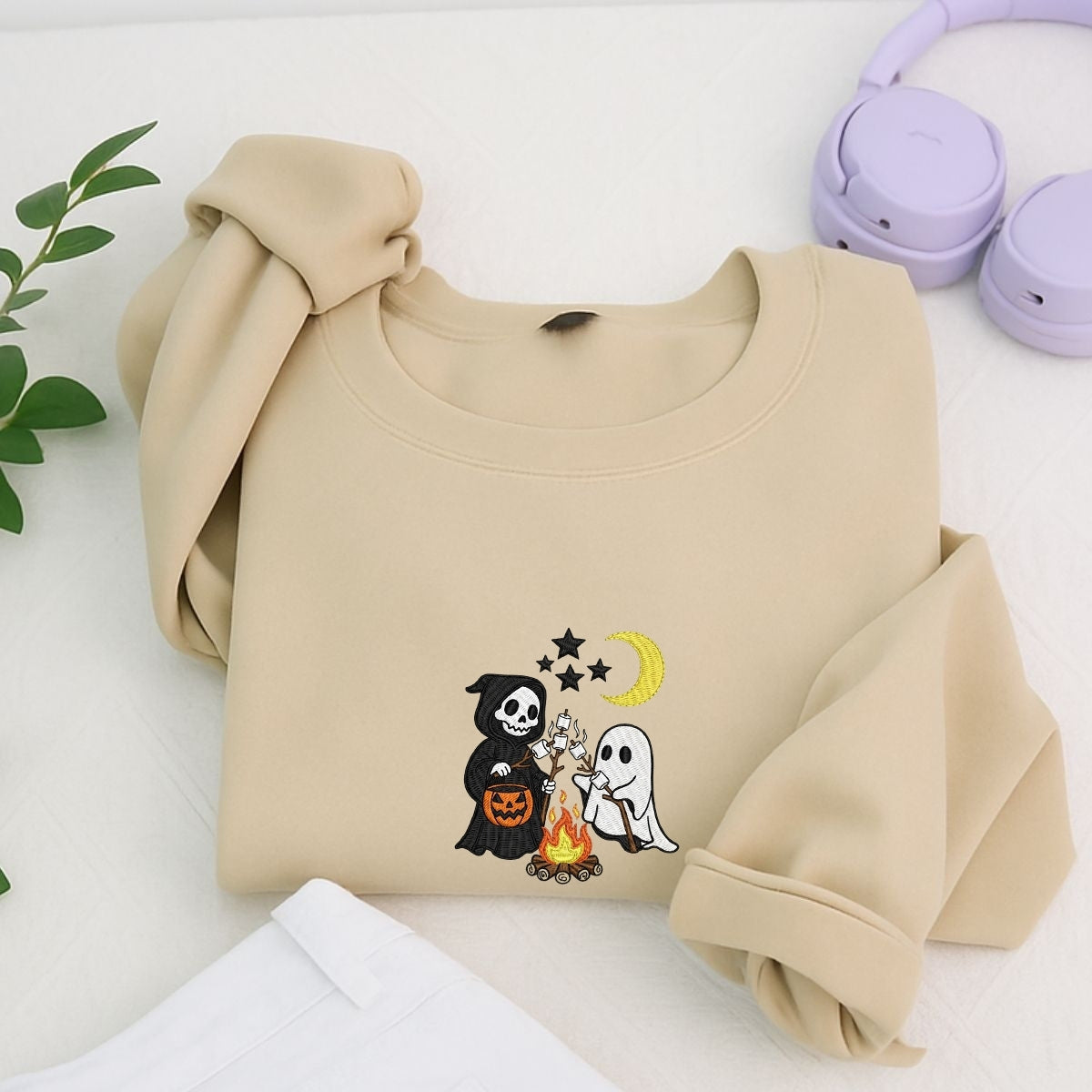 Halloween Campfire Custom Sweatshirts - Spooky Friends Embroidered Apparel - Perfect Halloween Gift