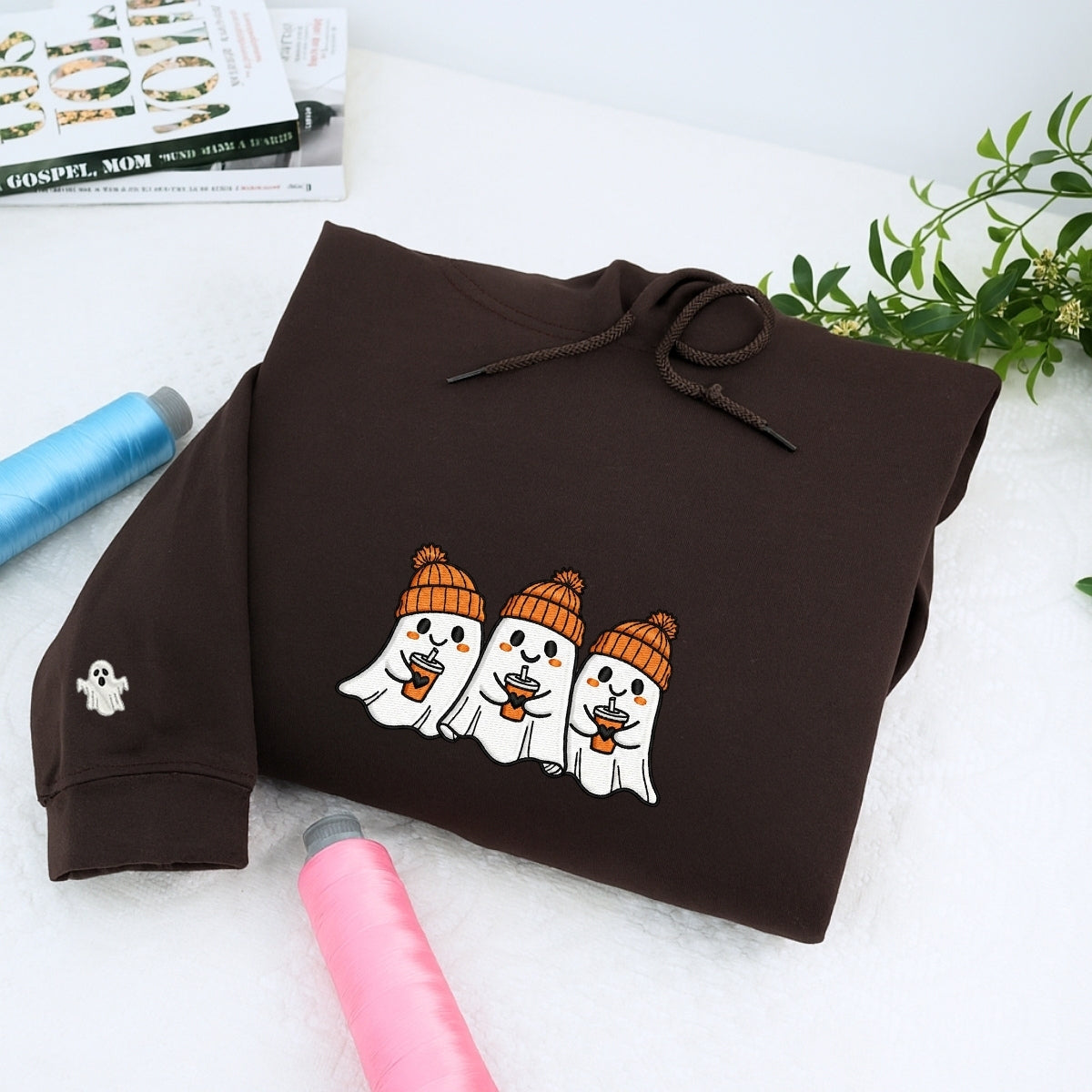 Halloween Coffee Ghost Hoodies - Cute Spooky Ghosts Coffee Lovers Embroidered Sweatshirts - Perfect Halloween Gift