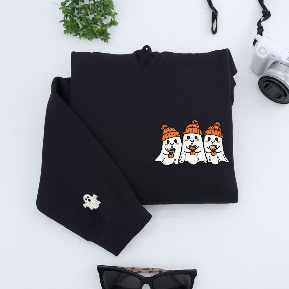 Halloween Coffee Ghost Hoodies - Cute Spooky Ghosts Coffee Lovers Embroidered Sweatshirts - Perfect Halloween Gift