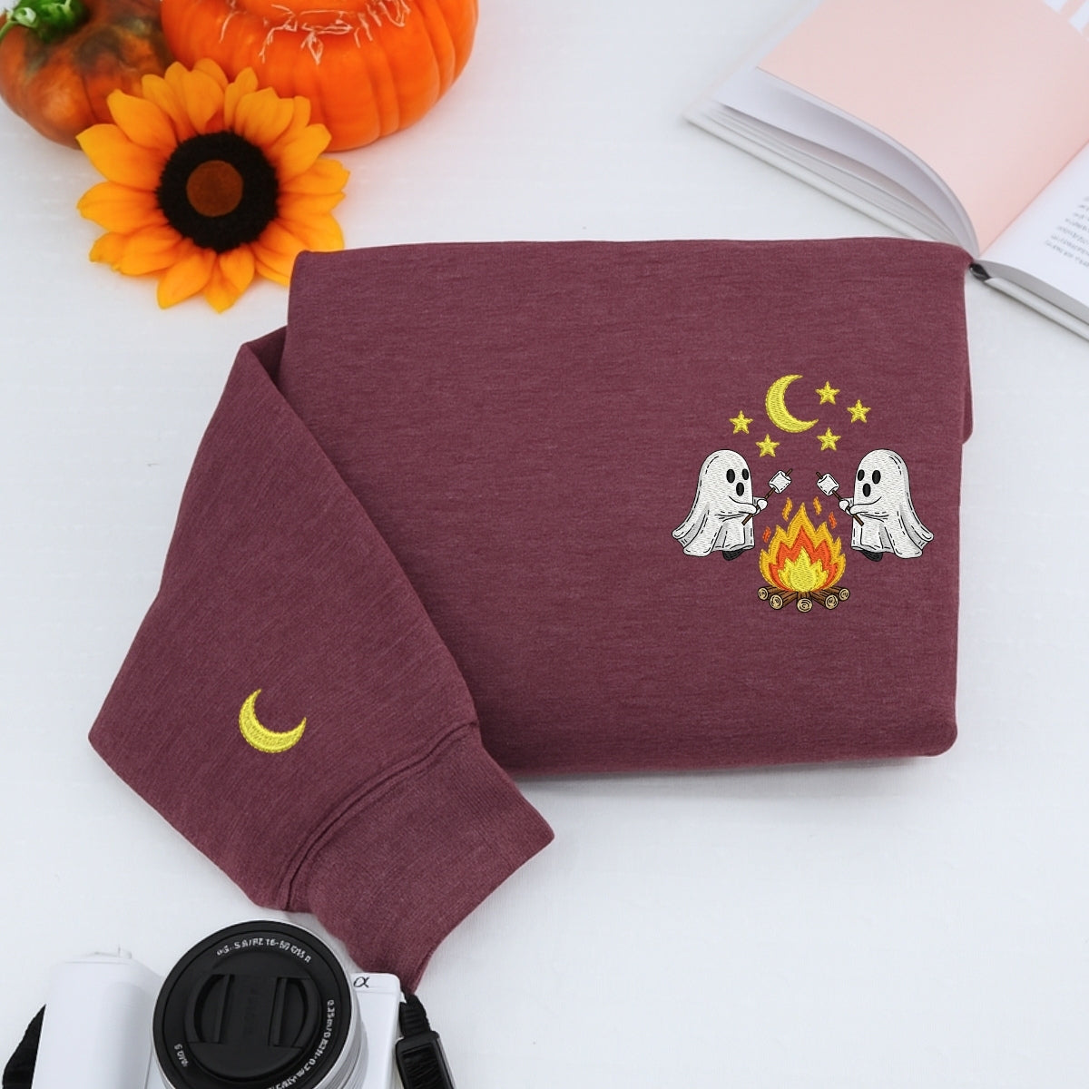 Halloween Ghost Campfire Custom Hoodies - Spooky Camping Embroidered Sweatshirts - Perfect Cozy Halloween Gift