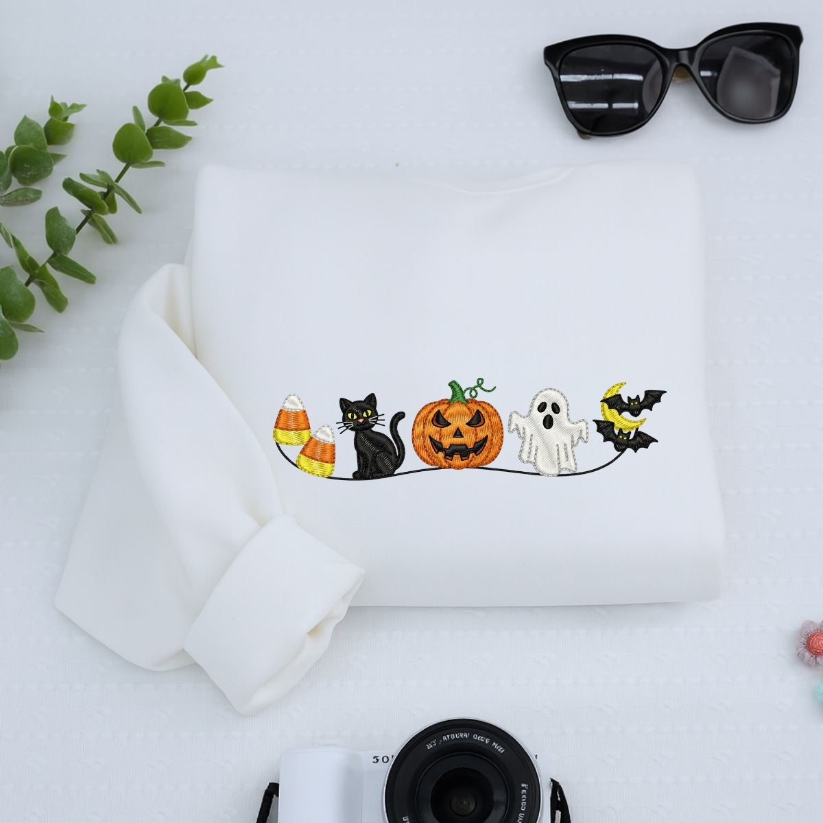 Halloween Icons Embroidered Sweatshirts - Cute Ghost Pumpkin Cat Crewneck - Perfect Spooky Season Gift