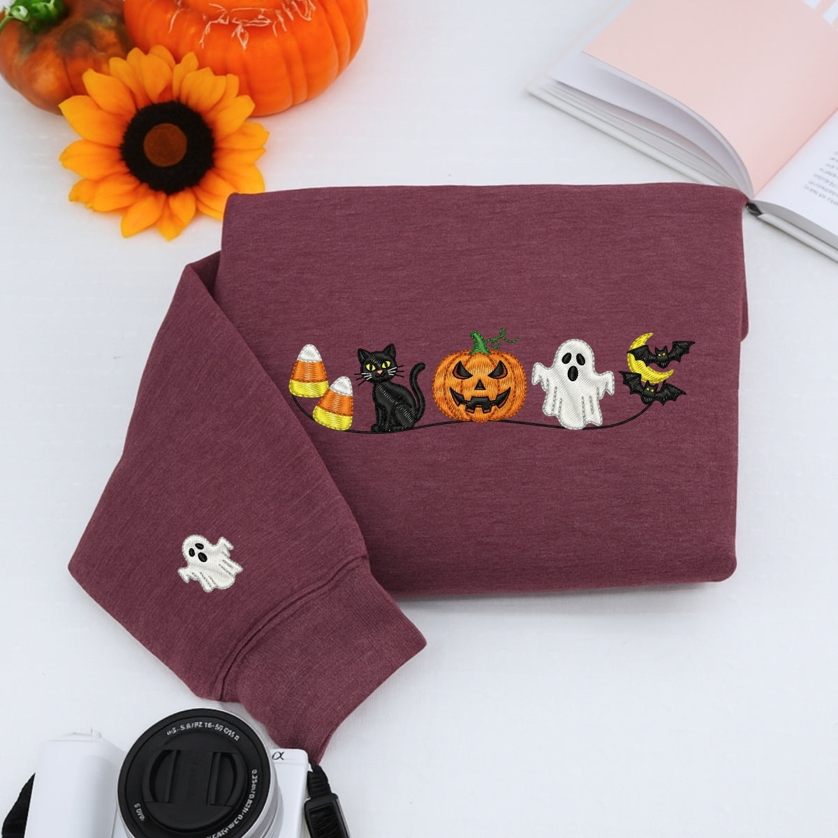 Halloween Icons Embroidered Sweatshirts - Cute Ghost Pumpkin Cat Crewneck - Perfect Spooky Season Gift