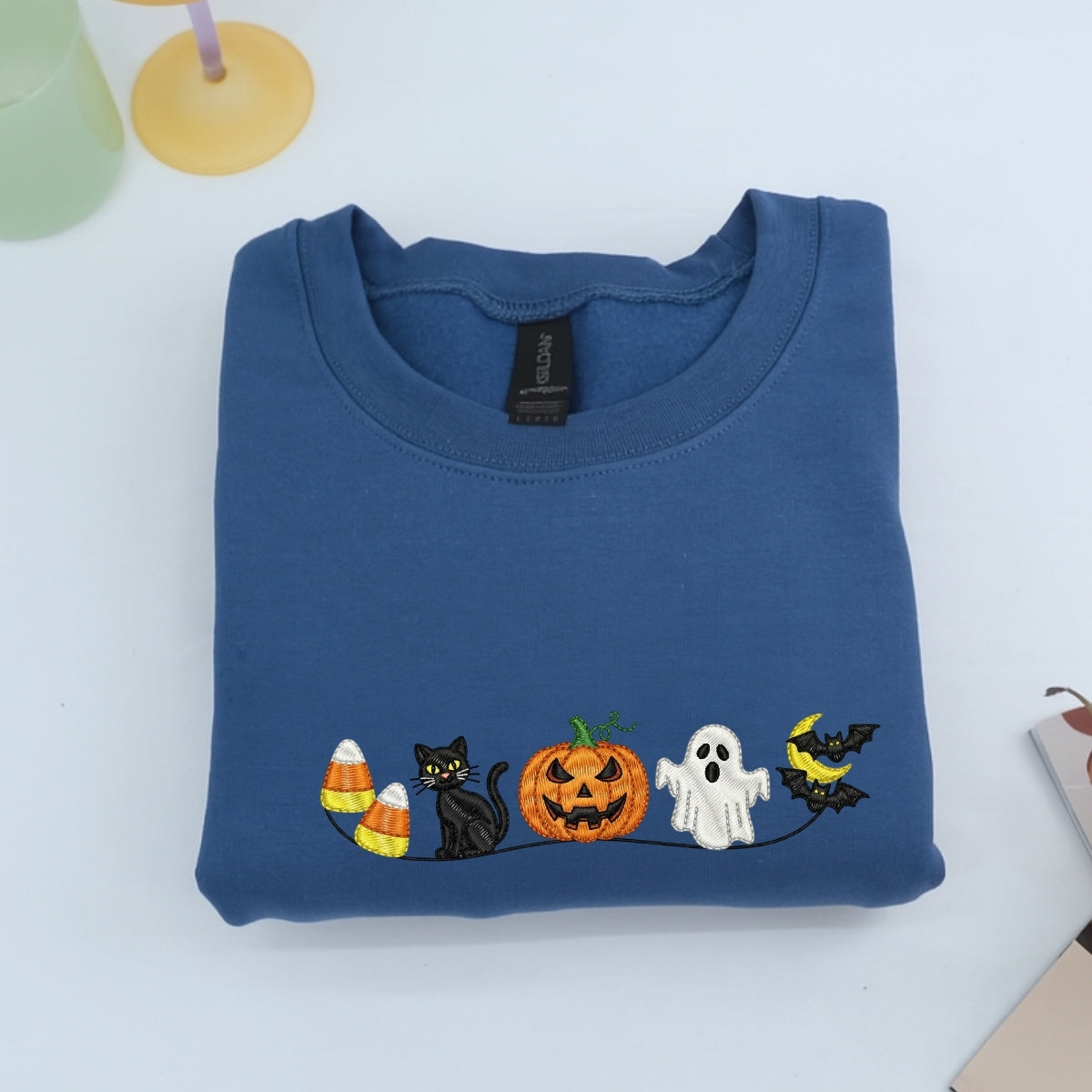 Halloween Icons Embroidered Sweatshirts - Cute Ghost Pumpkin Cat Crewneck - Perfect Spooky Season Gift