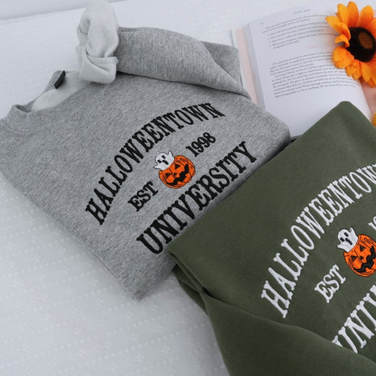 Halloween University Sweatshirt - Embroidered Pumpkin Ghost College Style Hoodie - Spooky Campus Apparel