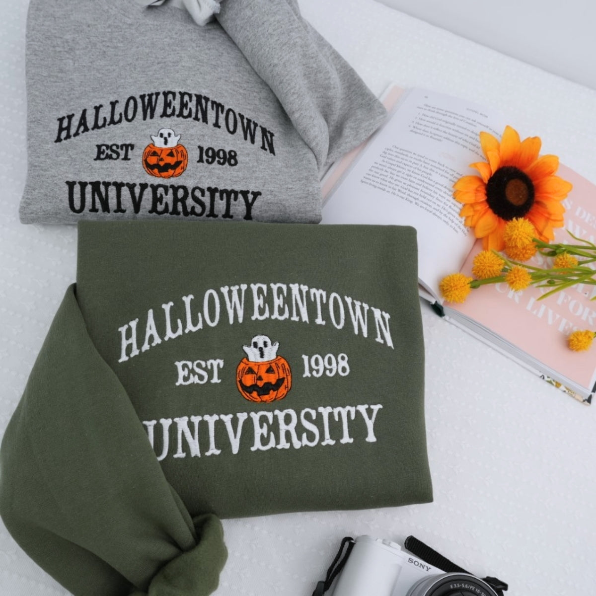 Halloween University Sweatshirt - Embroidered Pumpkin Ghost College Style Hoodie - Spooky Campus Apparel