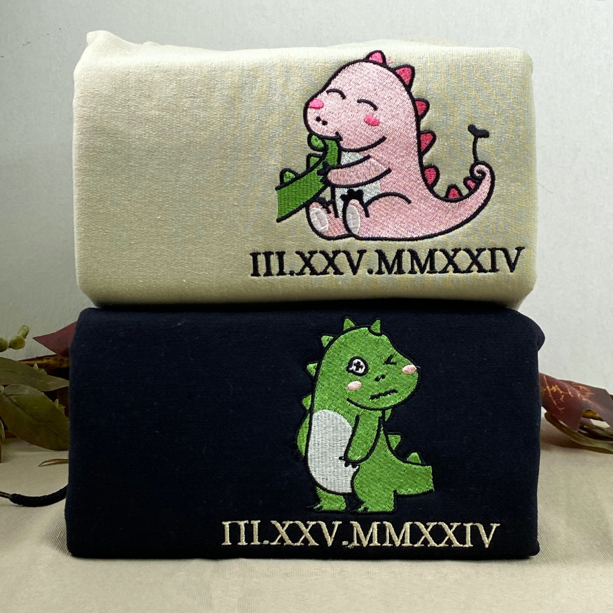 Lovely Couple Dinosaur Custom Roman Numeral Matching Embroidered Hoodies For Couples