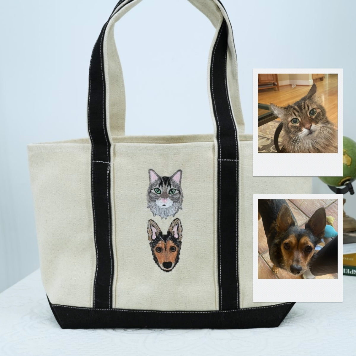 Mixed Pet Portrait Tote Bags - Dog Cat Face Embroidered Canvas Bag - Multi Pet Parent Gift
