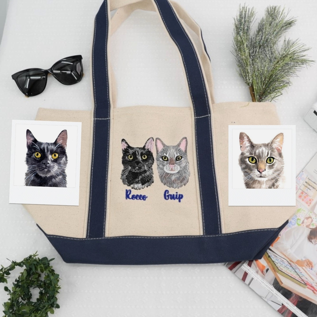 Mixed Pet Portrait Tote Bags - Dog Cat Face Embroidered Canvas Bag - Multi Pet Parent Gift