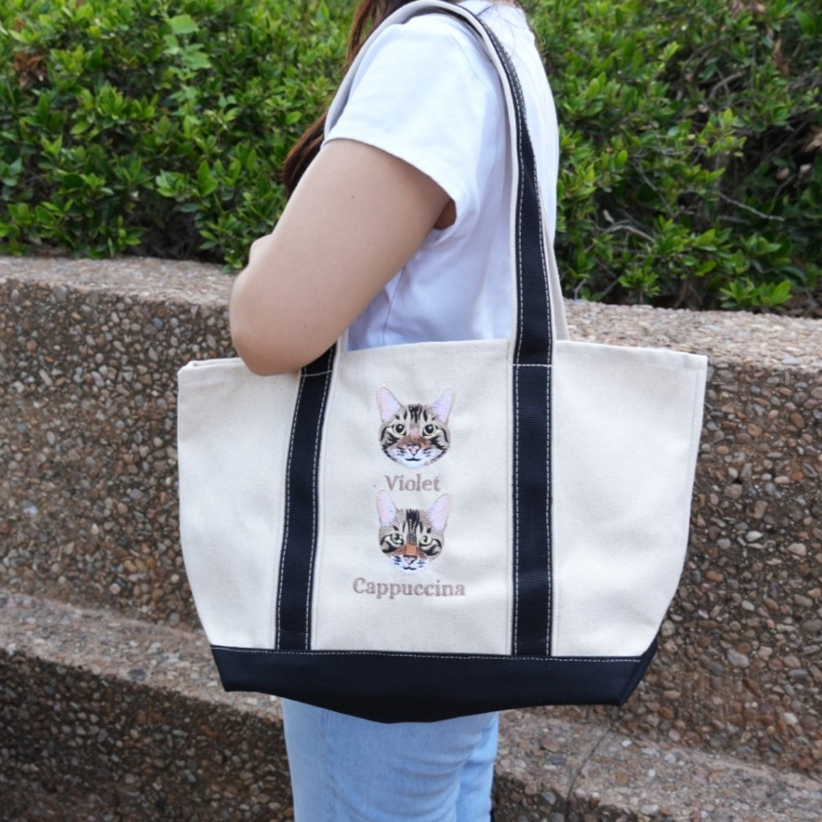 Multi Pet Portrait Tote Bags - Cat Face Embroidered Canvas Bag - Personalized Cat Mom Gift