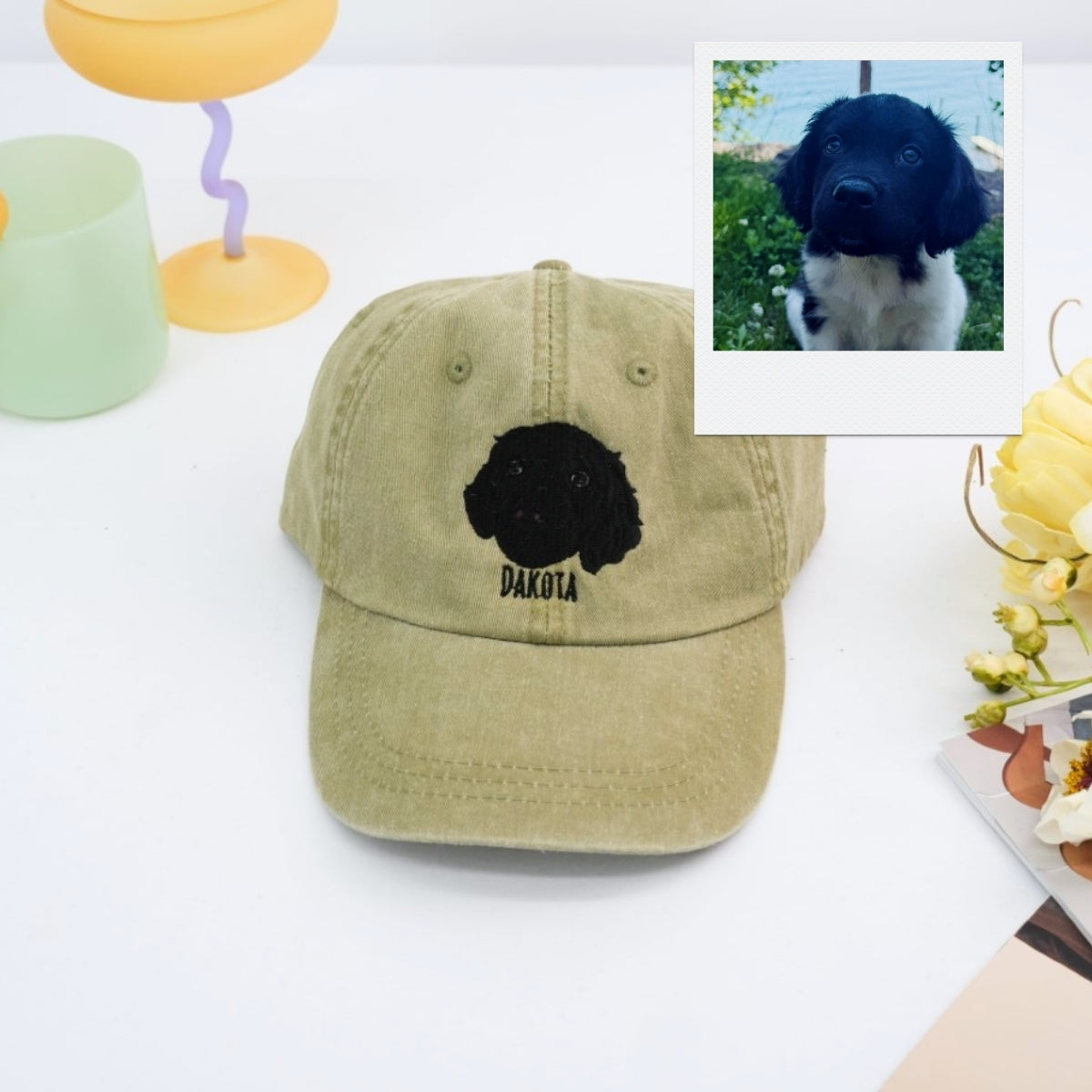 Personalized Dog Portrait Embroidered Cap - Custom Pet Portrait Name Accessory - Dog Parent Lover Gift