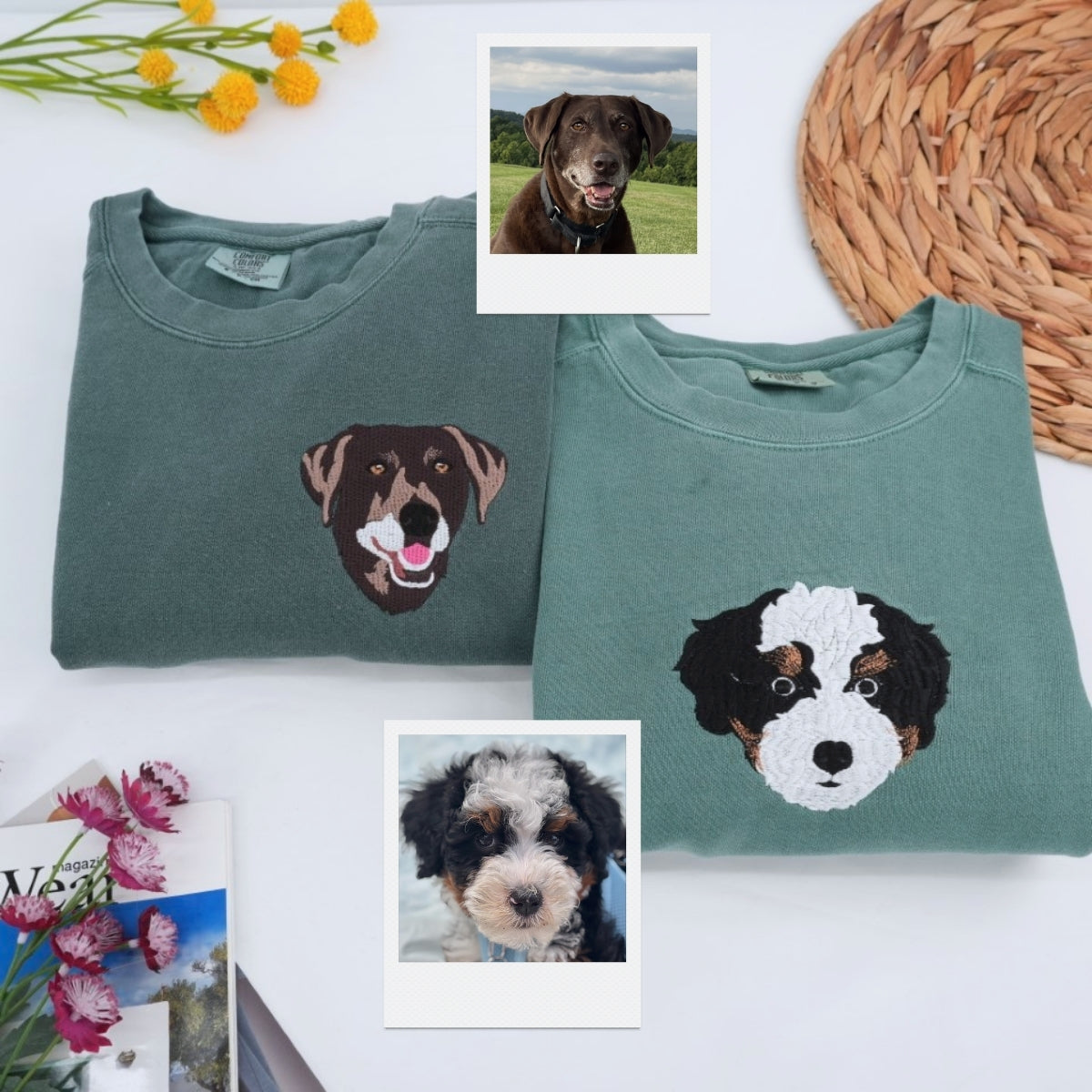 Personalized Dog Portrait Sweatshirts - Custom Dog Face Embroidered Hoodies - Dog Name Gift for Dog Mom Dad - Premium Pet Memorial Apparel