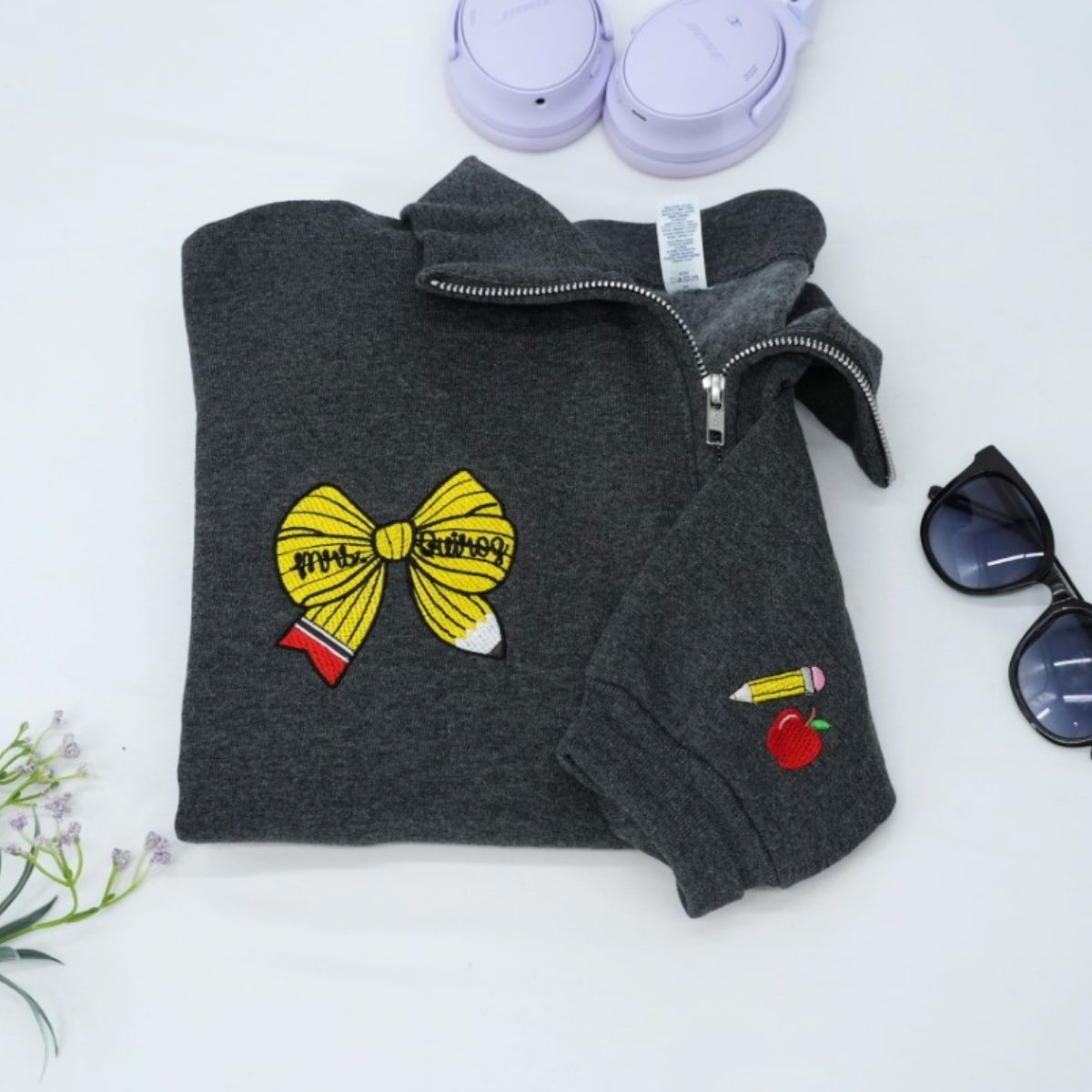 Personalized Mrs Teacher Bow Quarter-Zip - Custom Name Embroidered Education Apparel - Perfect Teacher Gift