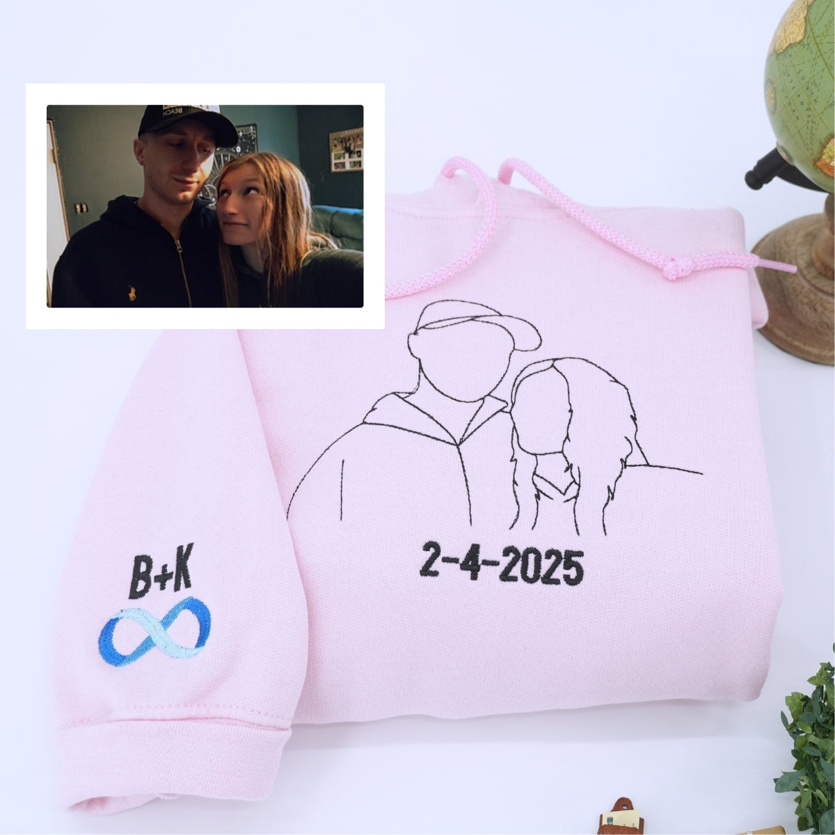 Personalized Photo Hoodies - Custom Couple Line Art Embroidery - Relationship Gift