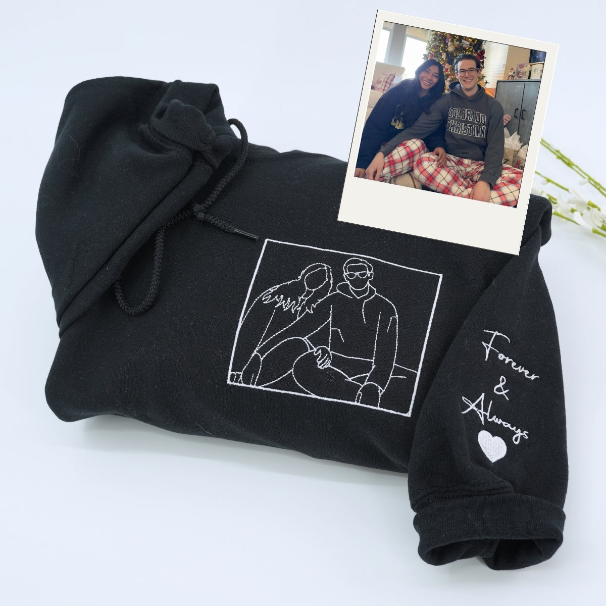 Personalized Photo Hoodies - Custom Couple Line Art Embroidery - Relationship Gift