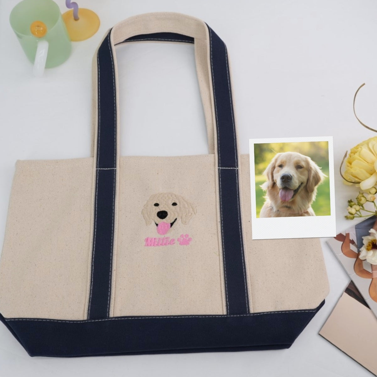 Custom Pet Portrait Tote Bags - Dog Photo Embroidered Canvas Bag - Personalized Dog Mom Gift