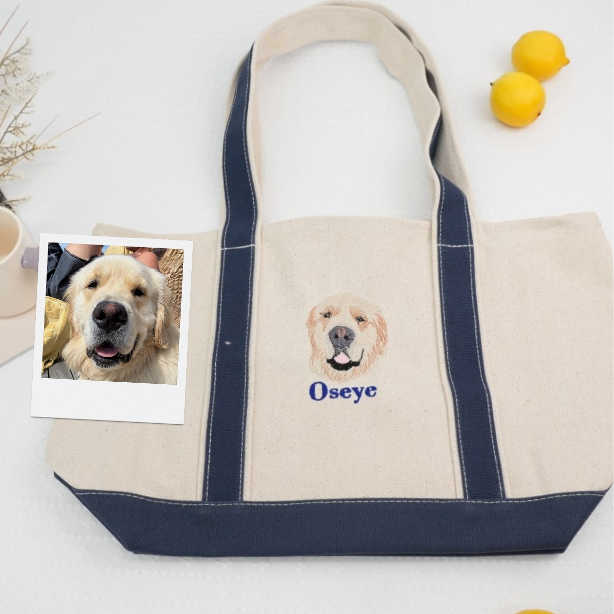 Pet Portrait Custom Tote Bags - Dog Face Embroidered Canvas Bag - Personalized Pet Memorial Gift