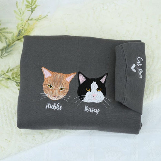 Pet Portrait Custom Hoodies - Cat Face Embroidered Sweatshirts with Names - Premium Cat Lover Gift