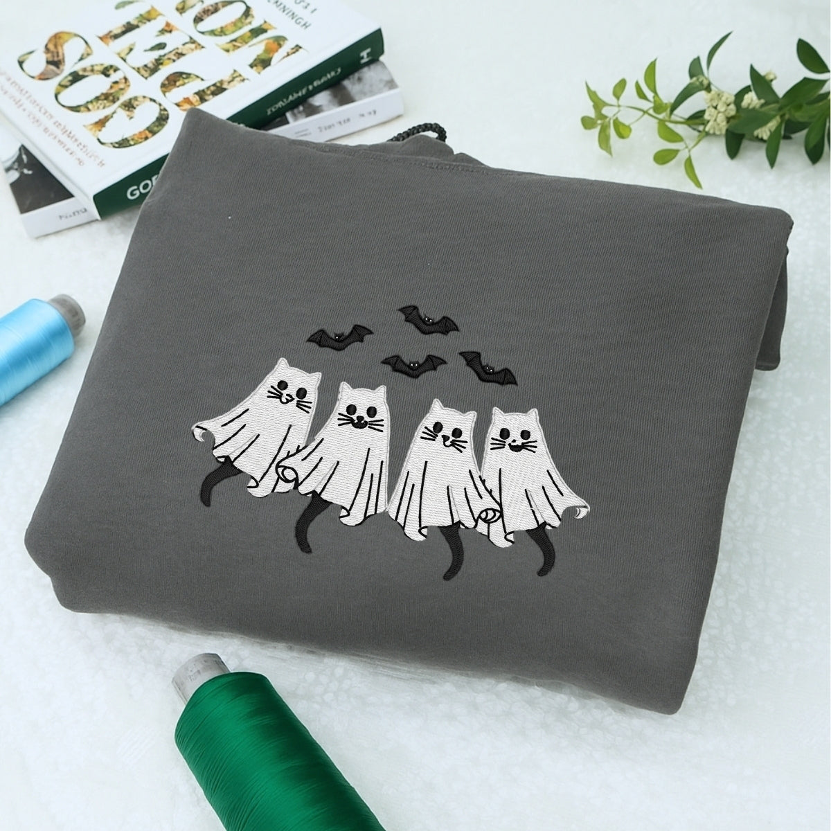 Spooky Cat Halloween Hoodie - Cat Ghost Embroidered Sweatshirt - Cat Parent Halloween Apparel