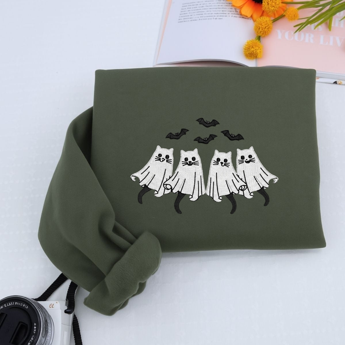 Spooky Cat Halloween Hoodie - Cat Ghost Embroidered Sweatshirt - Cat Parent Halloween Apparel