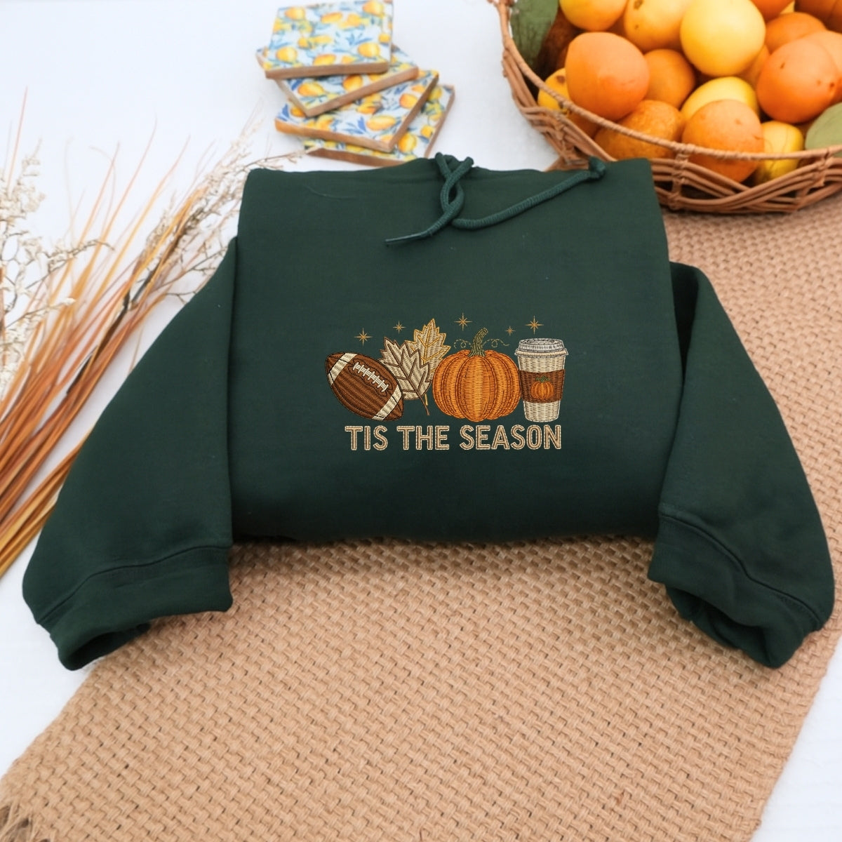 Tis The Season Fall Hoodies - Football Pumpkin Spice Embroidered Sweatshirts - Perfect Autumn Gift