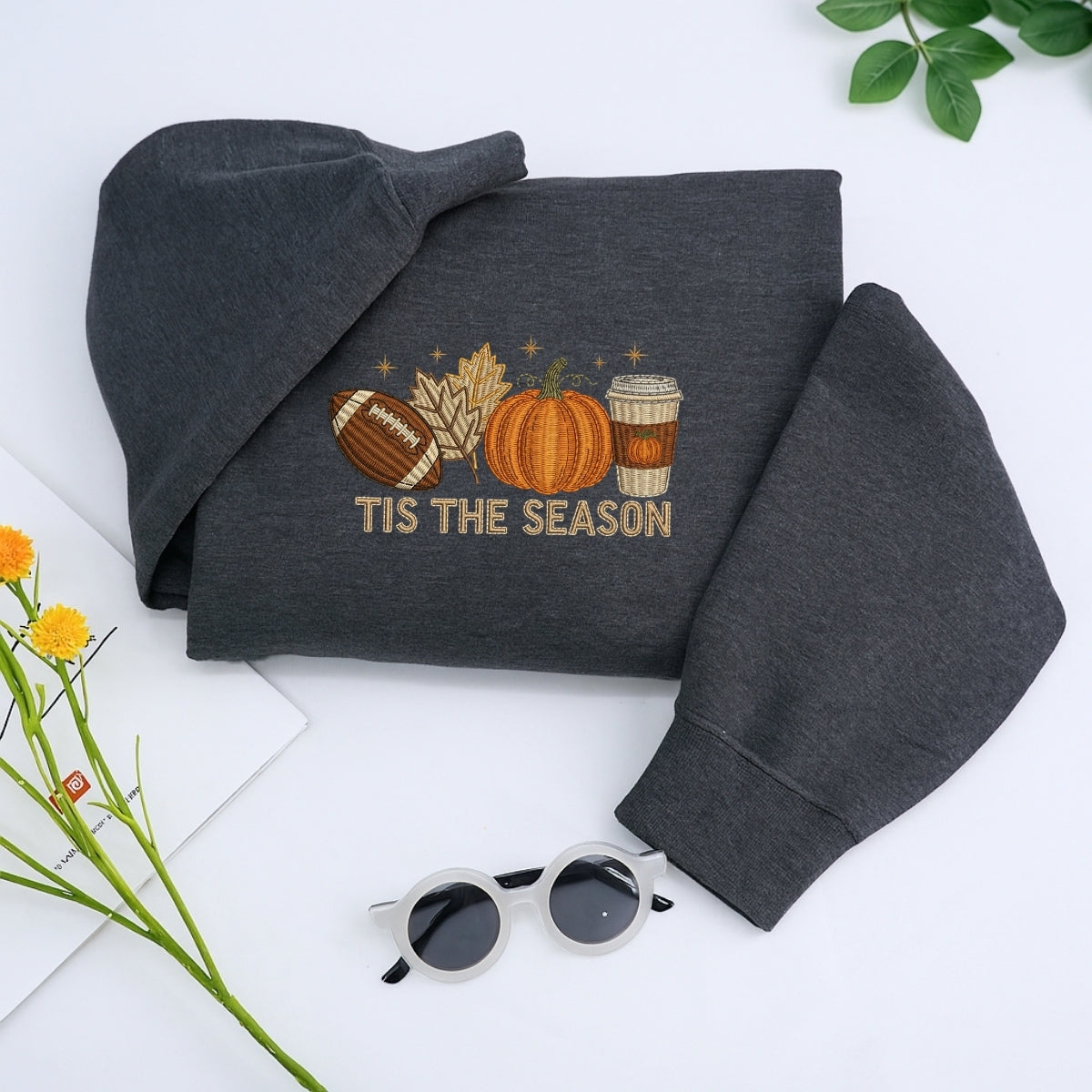 Tis The Season Fall Hoodies - Football Pumpkin Spice Embroidered Sweatshirts - Perfect Autumn Gift